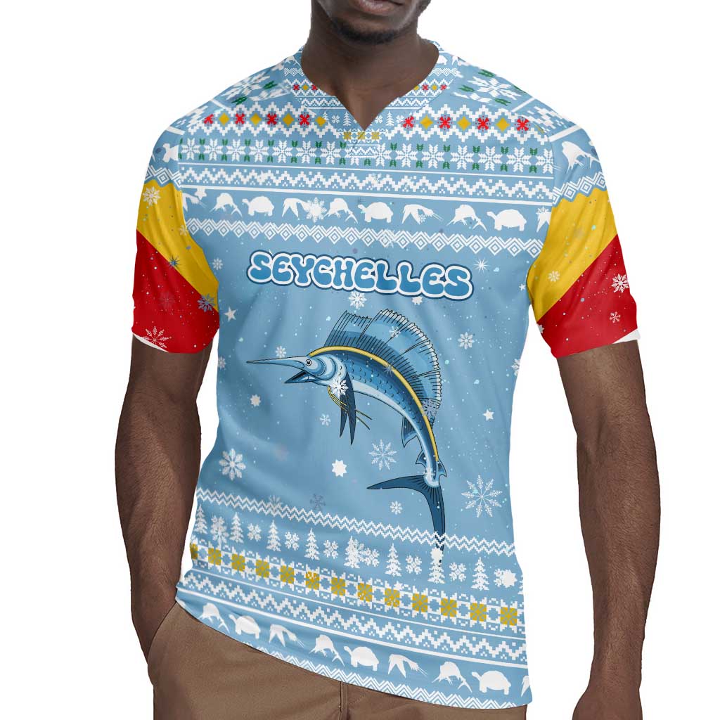 Seychelles Christmas Rugby Jersey Ocean Blue Marlin Fish Artwork and Surfing Santa Motif - African Pride