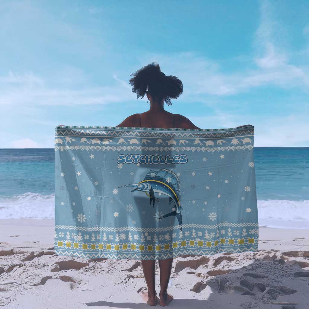 Seychelles Christmas Sarong Ocean Blue Marlin Fish Artwork and Surfing Santa Motif - African Pride