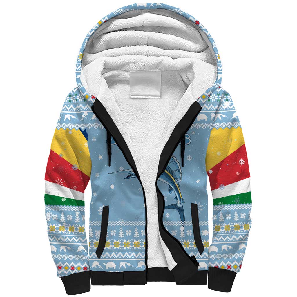 Seychelles Christmas Sherpa Hoodie Ocean Blue Marlin Fish Artwork and Surfing Santa Motif - African Pride