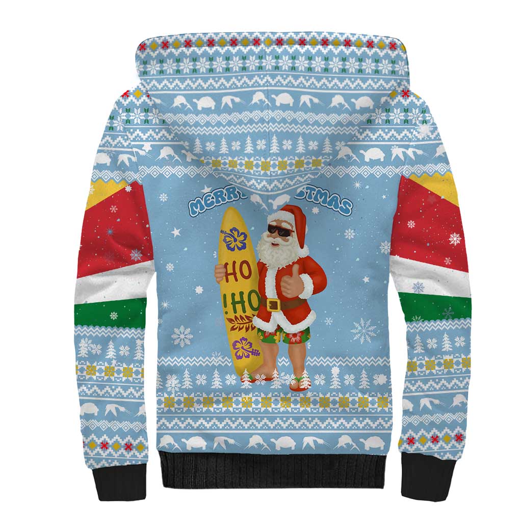 Seychelles Christmas Sherpa Hoodie Ocean Blue Marlin Fish Artwork and Surfing Santa Motif - African Pride