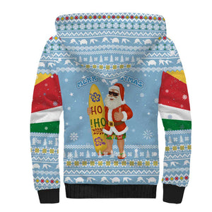 Seychelles Christmas Sherpa Hoodie Ocean Blue Marlin Fish Artwork and Surfing Santa Motif - African Pride