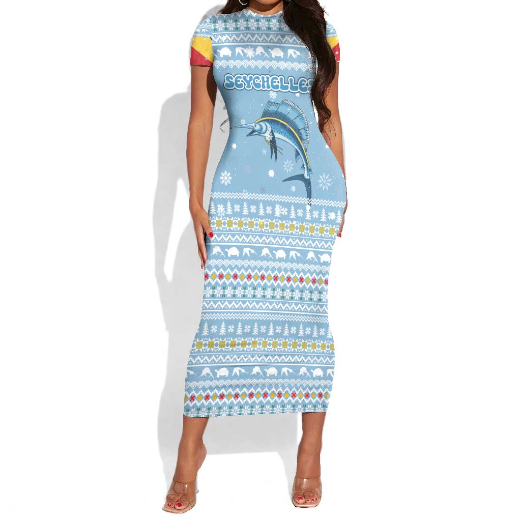 Seychelles Christmas Short Sleeve Bodycon Dress Ocean Blue Marlin Fish Artwork and Surfing Santa Motif - African Pride
