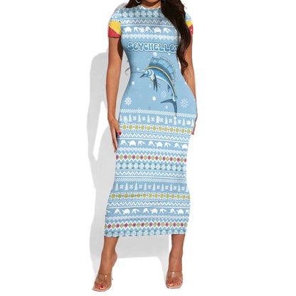 Seychelles Christmas Short Sleeve Bodycon Dress Ocean Blue Marlin Fish Artwork and Surfing Santa Motif - African Pride