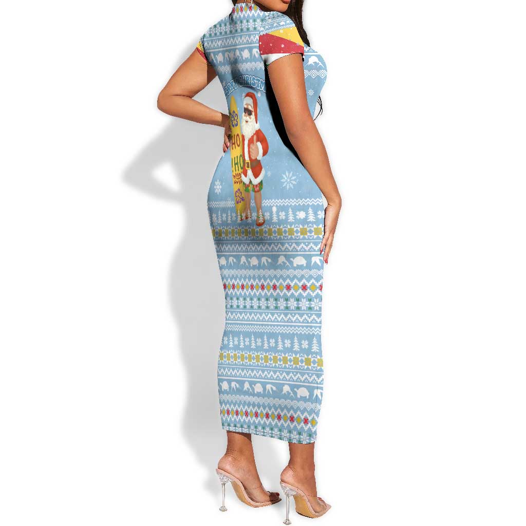 Seychelles Christmas Short Sleeve Bodycon Dress Ocean Blue Marlin Fish Artwork and Surfing Santa Motif - African Pride