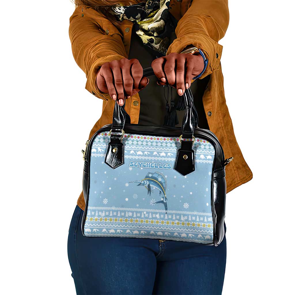 Seychelles Christmas Shoulder Handbag Ocean Blue Marlin Fish Artwork and Surfing Santa Motif - African Pride