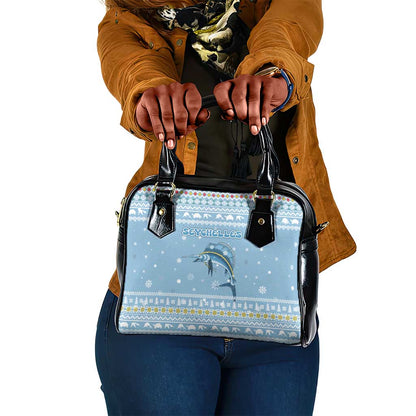 Seychelles Christmas Shoulder Handbag Ocean Blue Marlin Fish Artwork and Surfing Santa Motif - African Pride