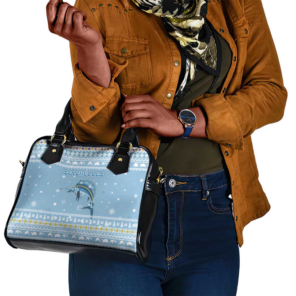 Seychelles Christmas Shoulder Handbag Ocean Blue Marlin Fish Artwork and Surfing Santa Motif - African Pride