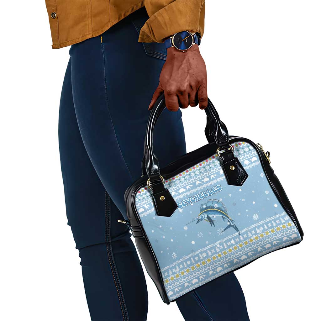 Seychelles Christmas Shoulder Handbag Ocean Blue Marlin Fish Artwork and Surfing Santa Motif - African Pride