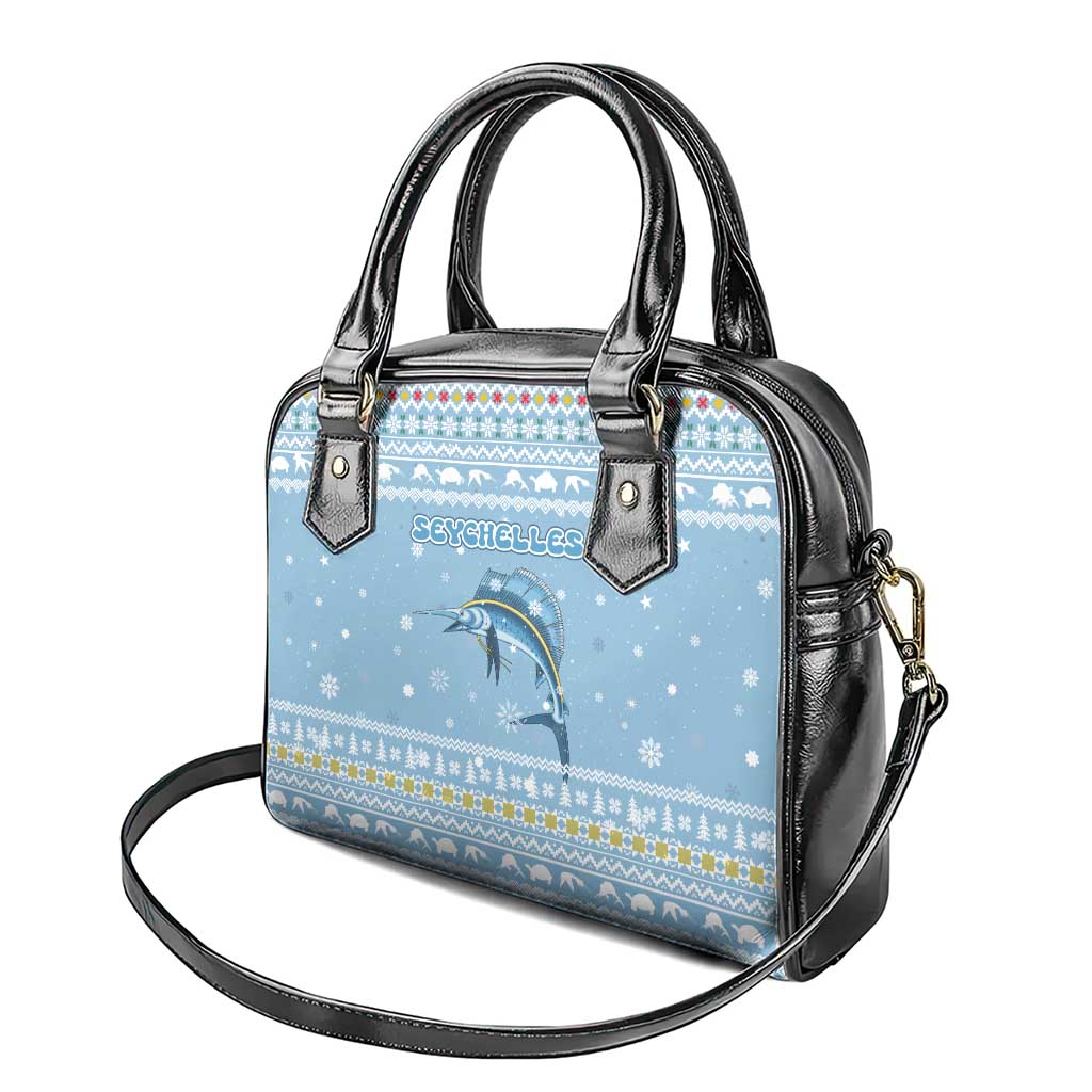 Seychelles Christmas Shoulder Handbag Ocean Blue Marlin Fish Artwork and Surfing Santa Motif - African Pride