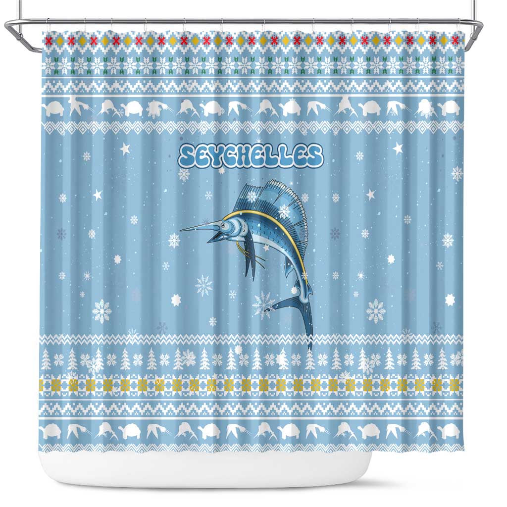 Seychelles Christmas Shower Curtain Ocean Blue Marlin Fish Artwork and Surfing Santa Motif - African Pride