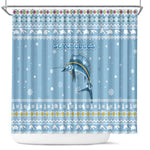 Seychelles Christmas Shower Curtain Ocean Blue Marlin Fish Artwork and Surfing Santa Motif - African Pride
