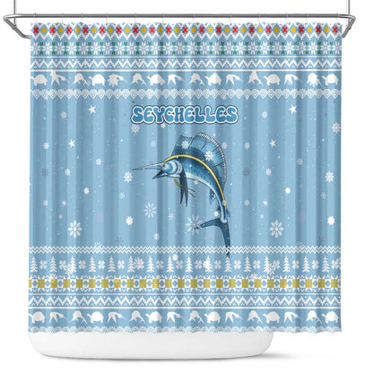Seychelles Christmas Shower Curtain Ocean Blue Marlin Fish Artwork and Surfing Santa Motif - African Pride
