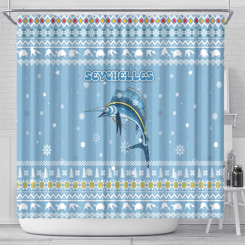 Seychelles Christmas Shower Curtain Ocean Blue Marlin Fish Artwork and Surfing Santa Motif - African Pride