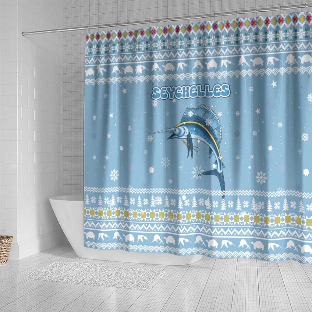 Seychelles Christmas Shower Curtain Ocean Blue Marlin Fish Artwork and Surfing Santa Motif - African Pride