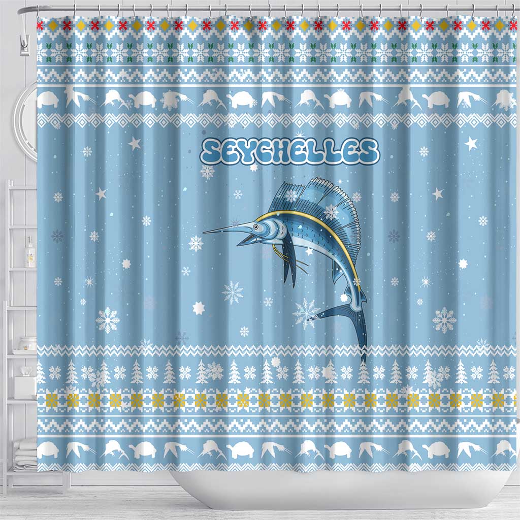 Seychelles Christmas Shower Curtain Ocean Blue Marlin Fish Artwork and Surfing Santa Motif - African Pride