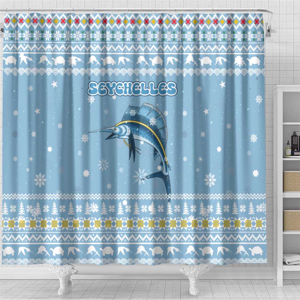 Seychelles Christmas Shower Curtain Ocean Blue Marlin Fish Artwork and Surfing Santa Motif - African Pride