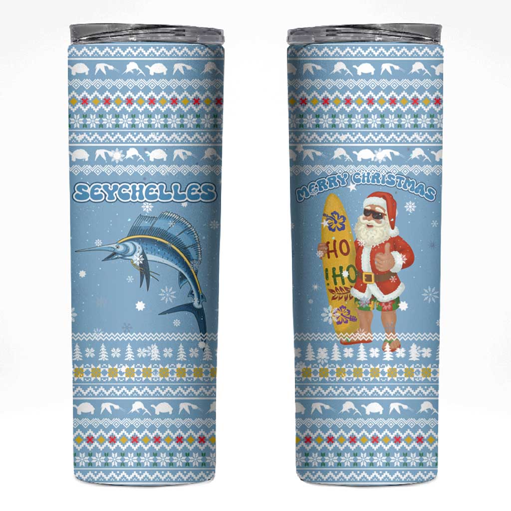 Seychelles Christmas Skinny Tumbler Ocean Blue Marlin Fish Artwork and Surfing Santa Motif - African Pride