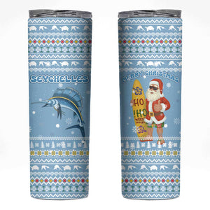 Seychelles Christmas Skinny Tumbler Ocean Blue Marlin Fish Artwork and Surfing Santa Motif - African Pride