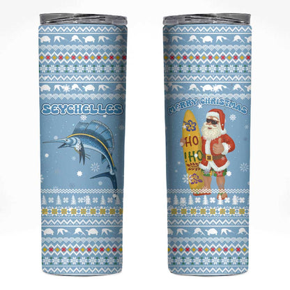 Seychelles Christmas Skinny Tumbler Ocean Blue Marlin Fish Artwork and Surfing Santa Motif - African Pride