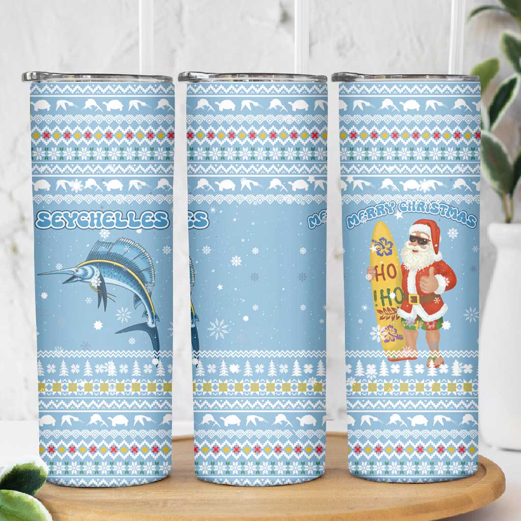 Seychelles Christmas Skinny Tumbler Ocean Blue Marlin Fish Artwork and Surfing Santa Motif - African Pride
