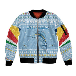 Seychelles Christmas Sleeve Zip Bomber Jacket Ocean Blue Marlin Fish Artwork and Surfing Santa Motif - African Pride