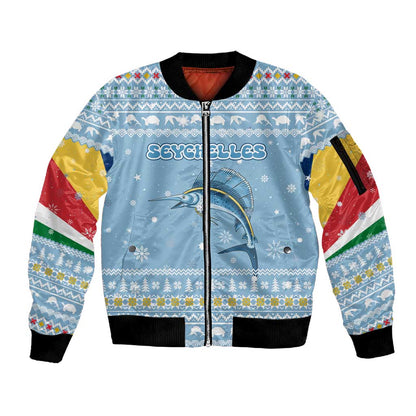 Seychelles Christmas Sleeve Zip Bomber Jacket Ocean Blue Marlin Fish Artwork and Surfing Santa Motif - African Pride