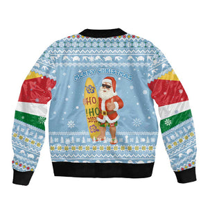 Seychelles Christmas Sleeve Zip Bomber Jacket Ocean Blue Marlin Fish Artwork and Surfing Santa Motif - African Pride