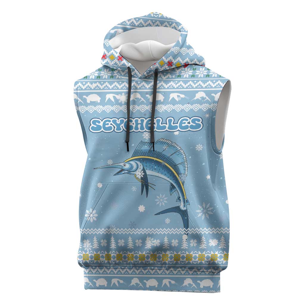 Seychelles Christmas Sleeveless Hoodie Ocean Blue Marlin Fish Artwork and Surfing Santa Motif - African Pride