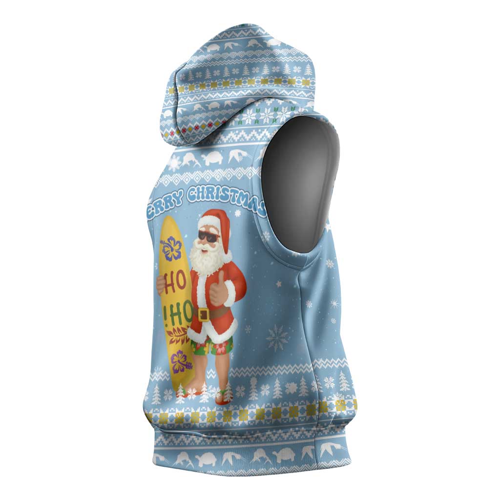 Seychelles Christmas Sleeveless Hoodie Ocean Blue Marlin Fish Artwork and Surfing Santa Motif - African Pride