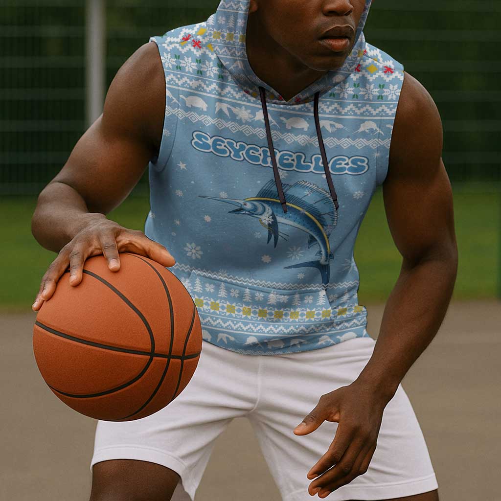 Seychelles Christmas Sleeveless Hoodie Ocean Blue Marlin Fish Artwork and Surfing Santa Motif - African Pride