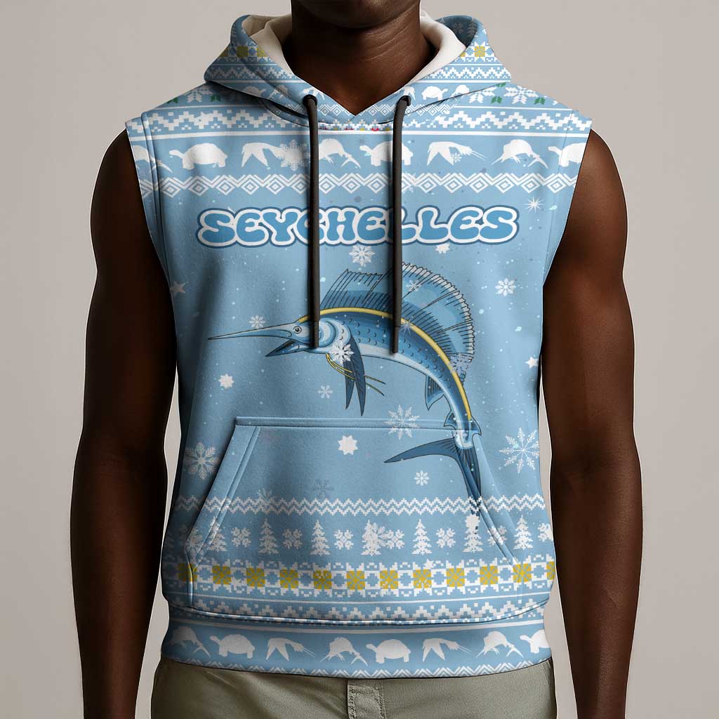 Seychelles Christmas Sleeveless Hoodie Ocean Blue Marlin Fish Artwork and Surfing Santa Motif - African Pride