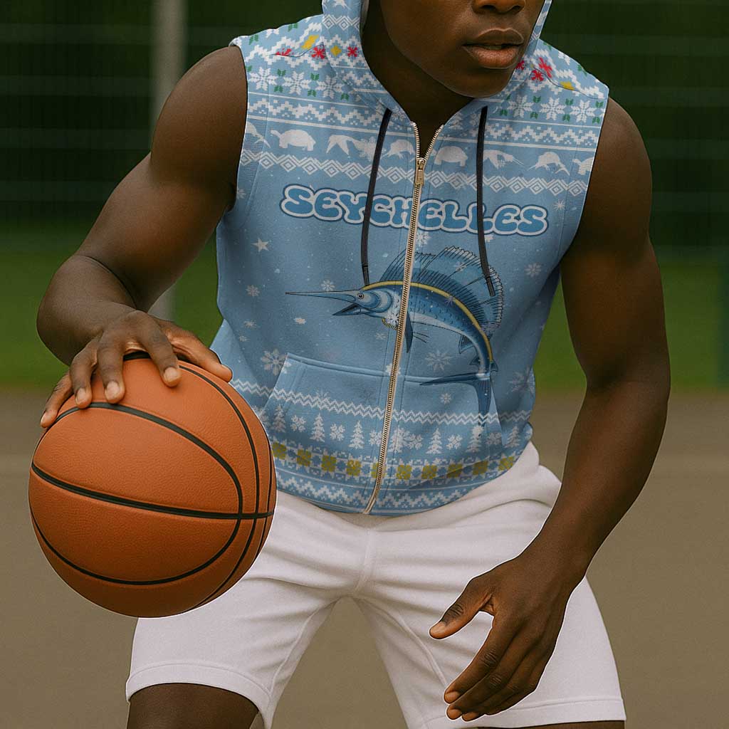 Seychelles Christmas Sleeveless Zip Hoodie Ocean Blue Marlin Fish Artwork and Surfing Santa Motif - African Pride