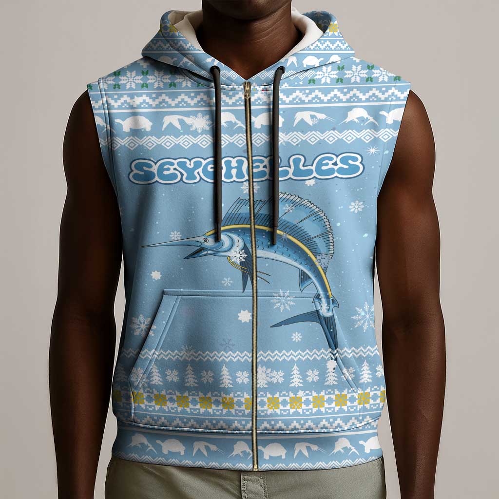 Seychelles Christmas Sleeveless Zip Hoodie Ocean Blue Marlin Fish Artwork and Surfing Santa Motif - African Pride