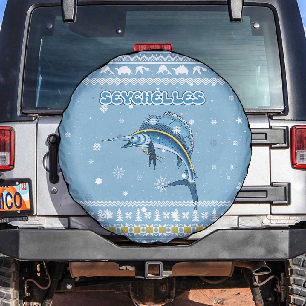Seychelles Christmas Spare Tire Cover Ocean Blue Marlin Fish Artwork and Surfing Santa Motif - African Pride