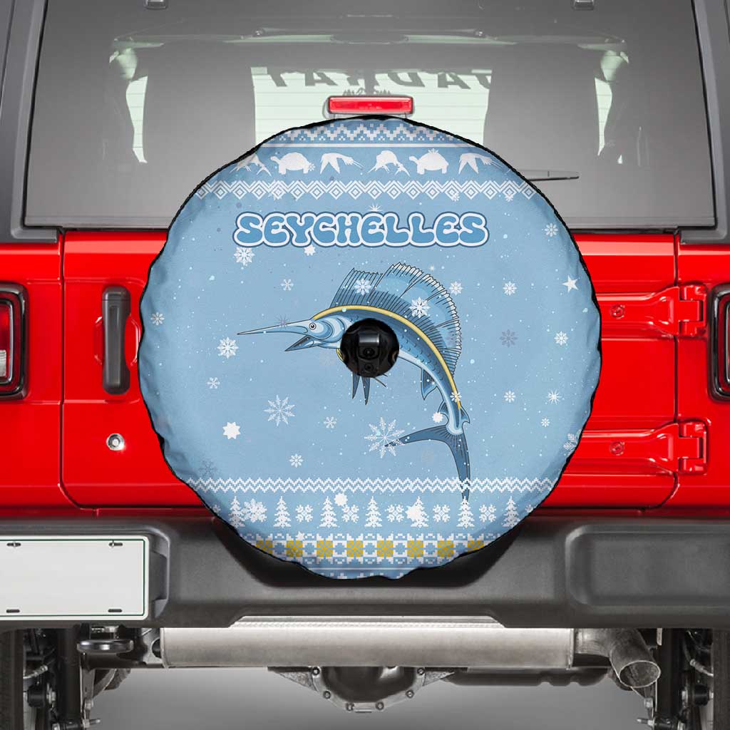 Seychelles Christmas Spare Tire Cover Ocean Blue Marlin Fish Artwork and Surfing Santa Motif - African Pride