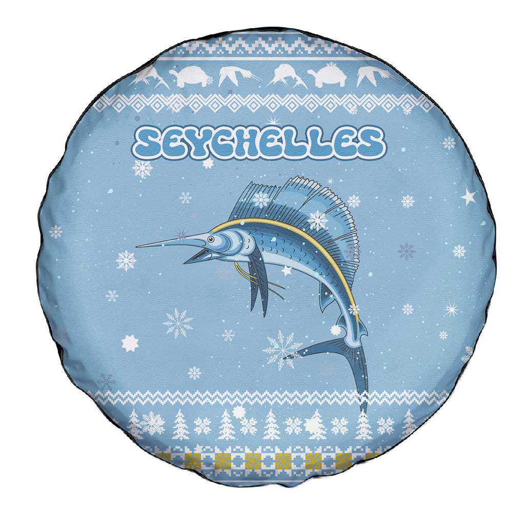 Seychelles Christmas Spare Tire Cover Ocean Blue Marlin Fish Artwork and Surfing Santa Motif - African Pride