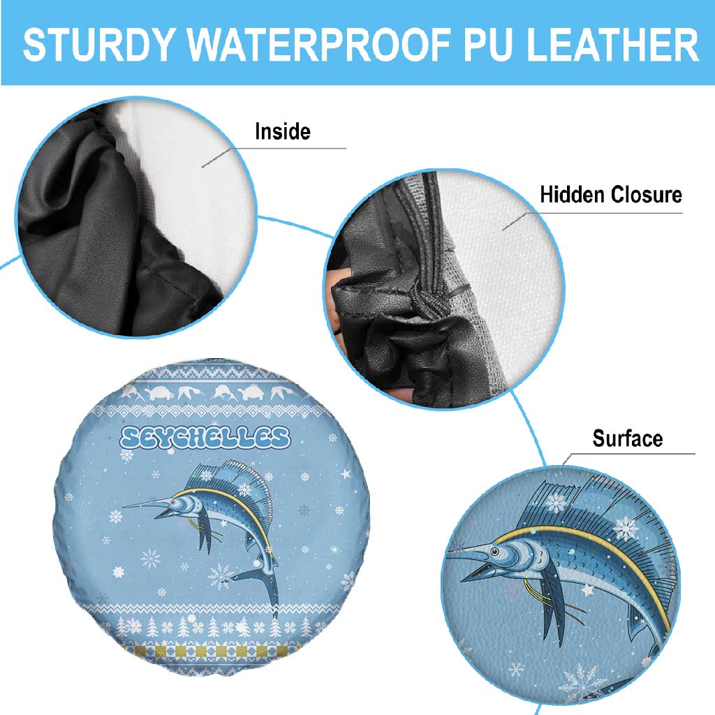 Seychelles Christmas Spare Tire Cover Ocean Blue Marlin Fish Artwork and Surfing Santa Motif - African Pride
