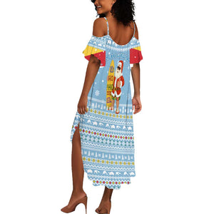 Seychelles Christmas Summer Maxi Dress Ocean Blue Marlin Fish Artwork and Surfing Santa Motif - African Pride