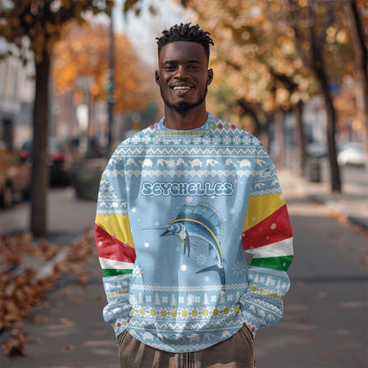 Seychelles Christmas Sweatshirt Ocean Blue Marlin Fish Artwork and Surfing Santa Motif - African Pride