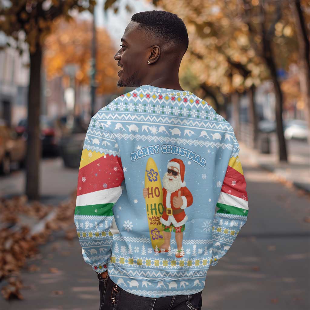 Seychelles Christmas Sweatshirt Ocean Blue Marlin Fish Artwork and Surfing Santa Motif - African Pride