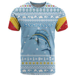 Seychelles Christmas T shirt Ocean Blue Marlin Fish Artwork and Surfing Santa Motif - African Pride