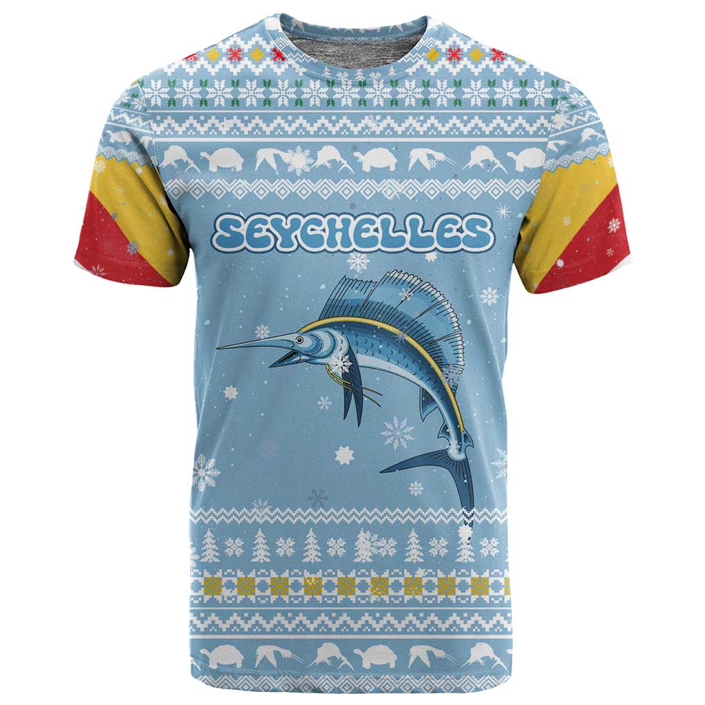 Seychelles Christmas T shirt Ocean Blue Marlin Fish Artwork and Surfing Santa Motif - African Pride