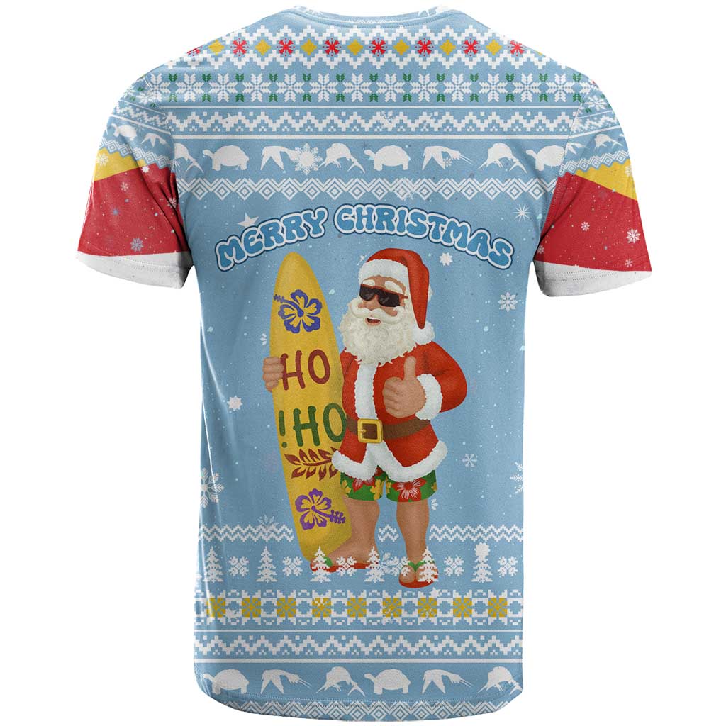 Seychelles Christmas T shirt Ocean Blue Marlin Fish Artwork and Surfing Santa Motif - African Pride