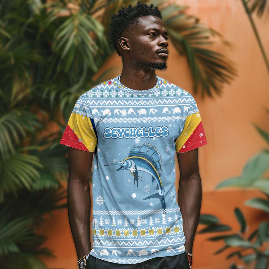 Seychelles Christmas T shirt Ocean Blue Marlin Fish Artwork and Surfing Santa Motif - African Pride