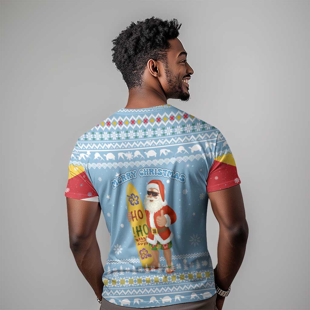 Seychelles Christmas T shirt Ocean Blue Marlin Fish Artwork and Surfing Santa Motif - African Pride