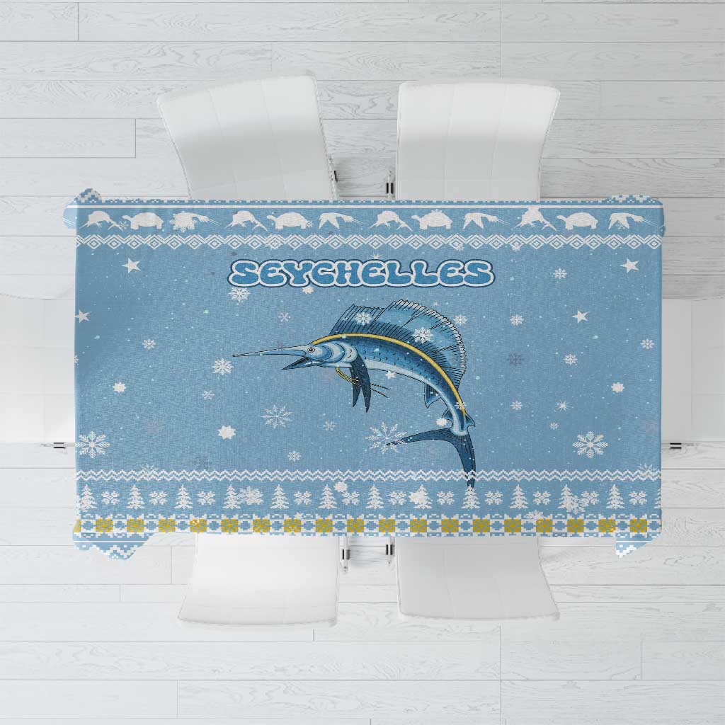 Seychelles Christmas Tablecloth Ocean Blue Marlin Fish Artwork and Surfing Santa Motif - African Pride