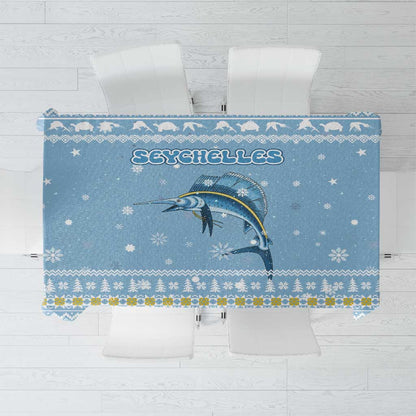 Seychelles Christmas Tablecloth Ocean Blue Marlin Fish Artwork and Surfing Santa Motif - African Pride