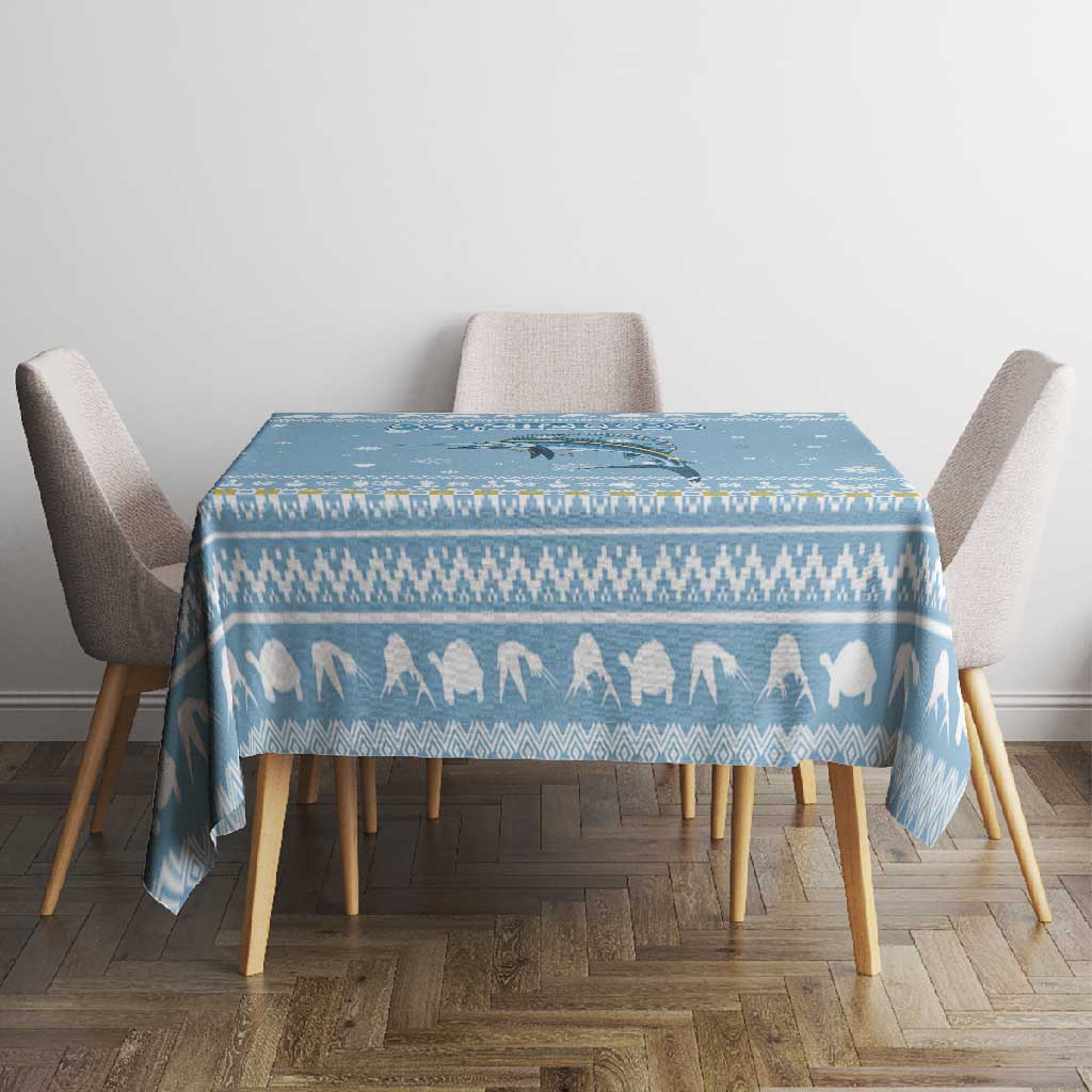 Seychelles Christmas Tablecloth Ocean Blue Marlin Fish Artwork and Surfing Santa Motif - African Pride