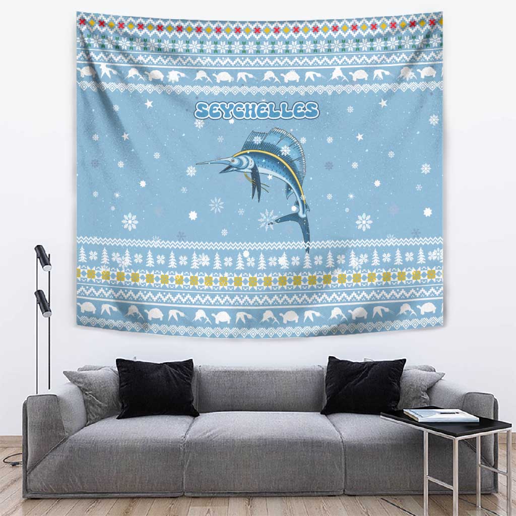 Seychelles Christmas Tapestry Ocean Blue Marlin Fish Artwork and Surfing Santa Motif - African Pride
