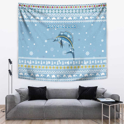 Seychelles Christmas Tapestry Ocean Blue Marlin Fish Artwork and Surfing Santa Motif - African Pride